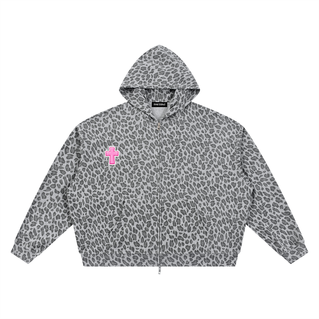 Unisex Leopard Print Waffle Full Zip Hoodie